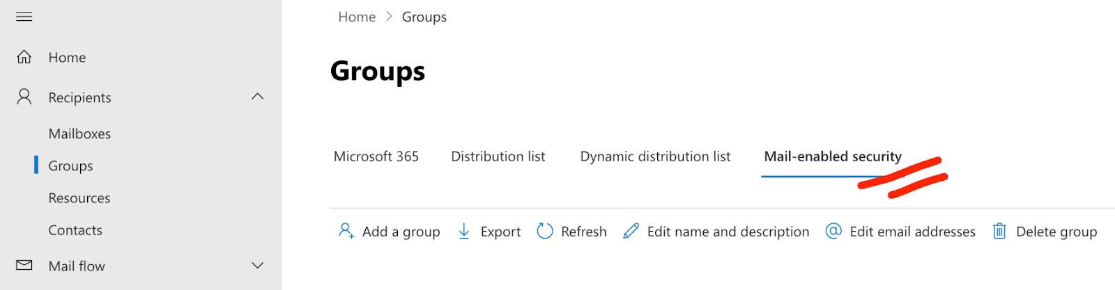 Mail-enabled security group in Microsoft Admin Centre